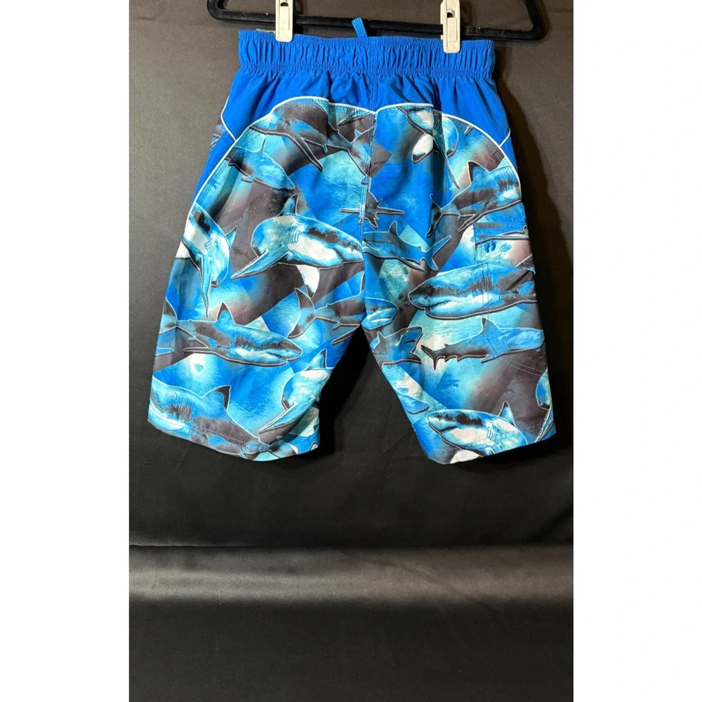 Hang Ten Boys XL18/20 Shark Print Swim Trunks Blue Board Shorts Mesh Lined Cargo